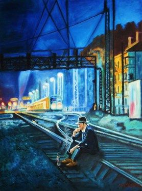 278x375 Uk Artist Mark Maguire Painting, Waiting For The Night Train - Night Train Painting
