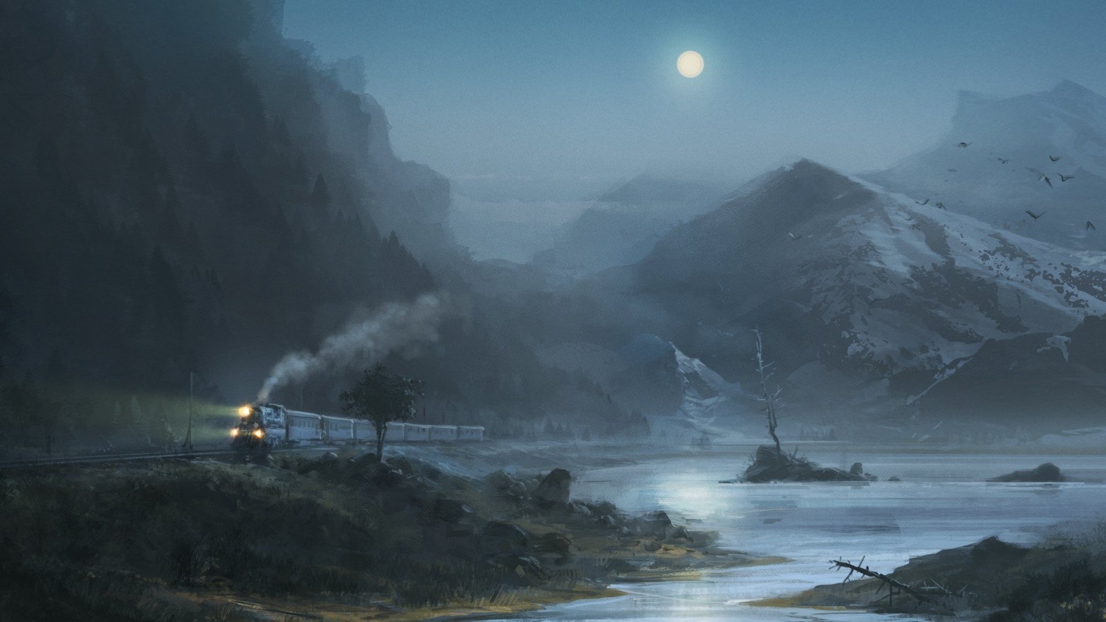 1600x900 Download 1600x900 Train, Mountain, Moon, Birds, Painting, Night - Night Train Painting