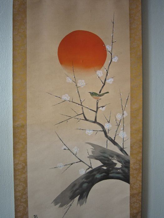 525x700 Hanging Scroll, Painting On Silk With Seal And Signature Shogetsu - Nightingale Painting