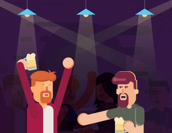 600x465 Nightlife Painting People Cheering Bar Icons Colored Cartoon Free - Nightlife Painting