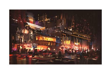 473x315 Painting Of Shopping Street City With Colorful Nightlife - Nightlife Painting