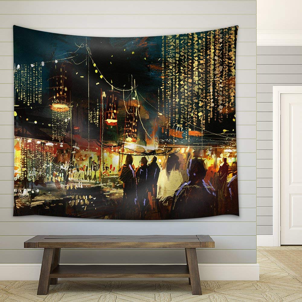 1000x1000 Painting Of Shopping Street City With Colorful Nightlife Fabric - Nightlife Painting