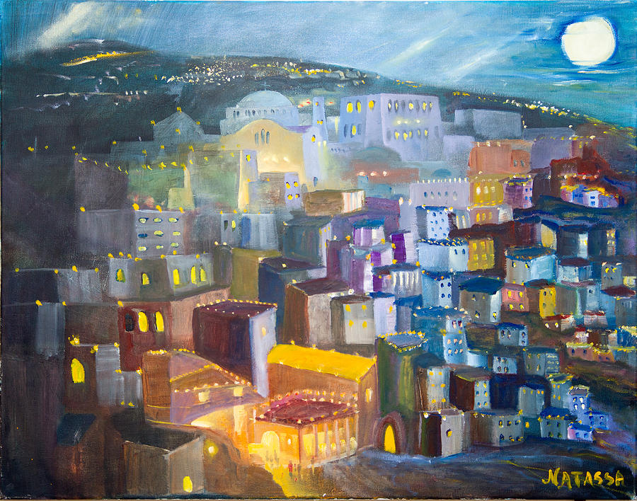 900x708 Santorini Nightlife Painting By Anastasia Saltabida - Nightlife Painting