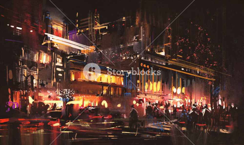 1000x594 Painting Of Shopping Street City With Colorful Nightlife Royalty - Nightlife Painting