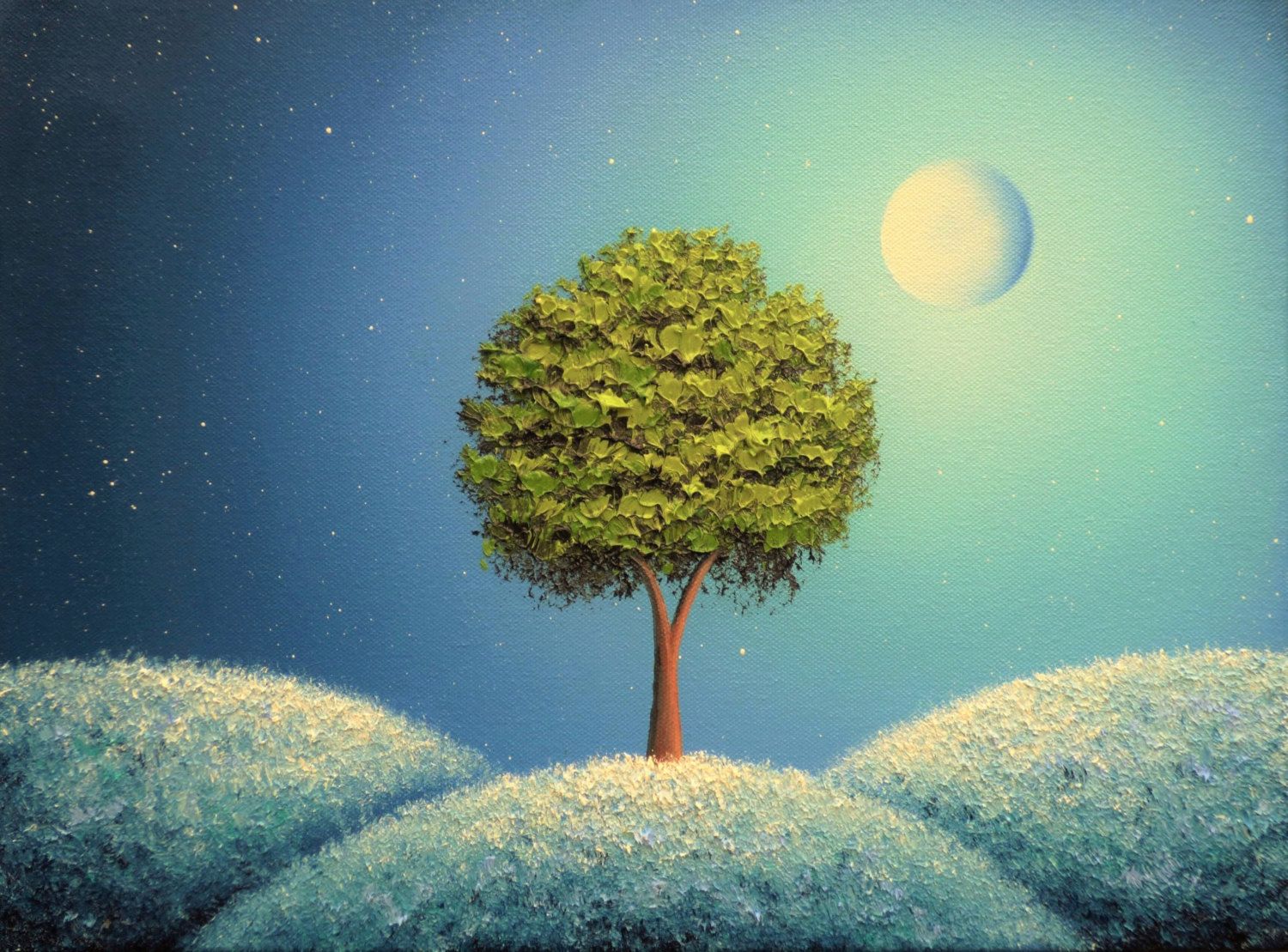 1500x1109 Original Oil Painting, Whimsical Art Green Tree Nightscape - Nightscape Painting