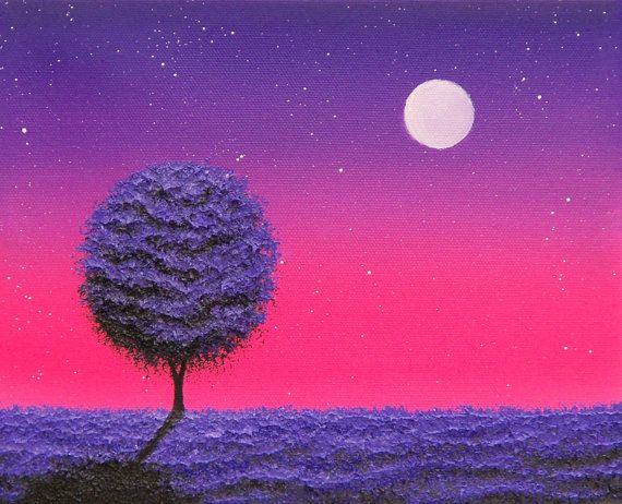 570x462 Purple Tree Nightscape Painting, Purple Night Art Print, Whimsical - Nightscape Painting