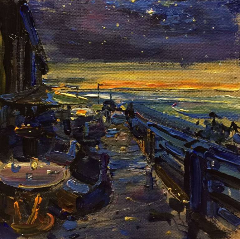 770x766 Saatchi Art Beautiful Nightscape In Maldives Painting By Xiaochen - Nightscape Painting