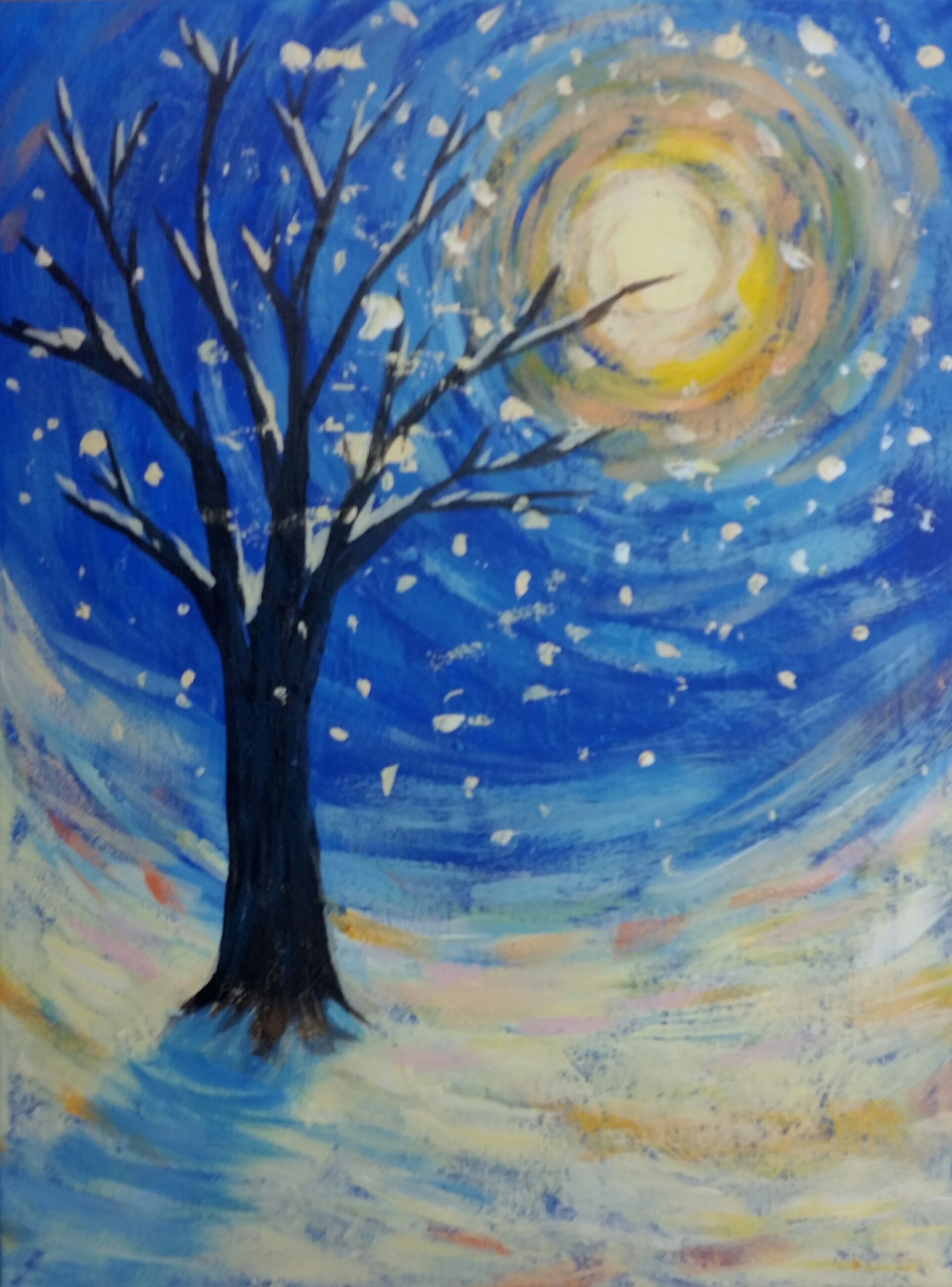 1923x2598 Snowy Tree Nightscape Painting Suitable For Kids 1.5 Hr - Nightscape Painting
