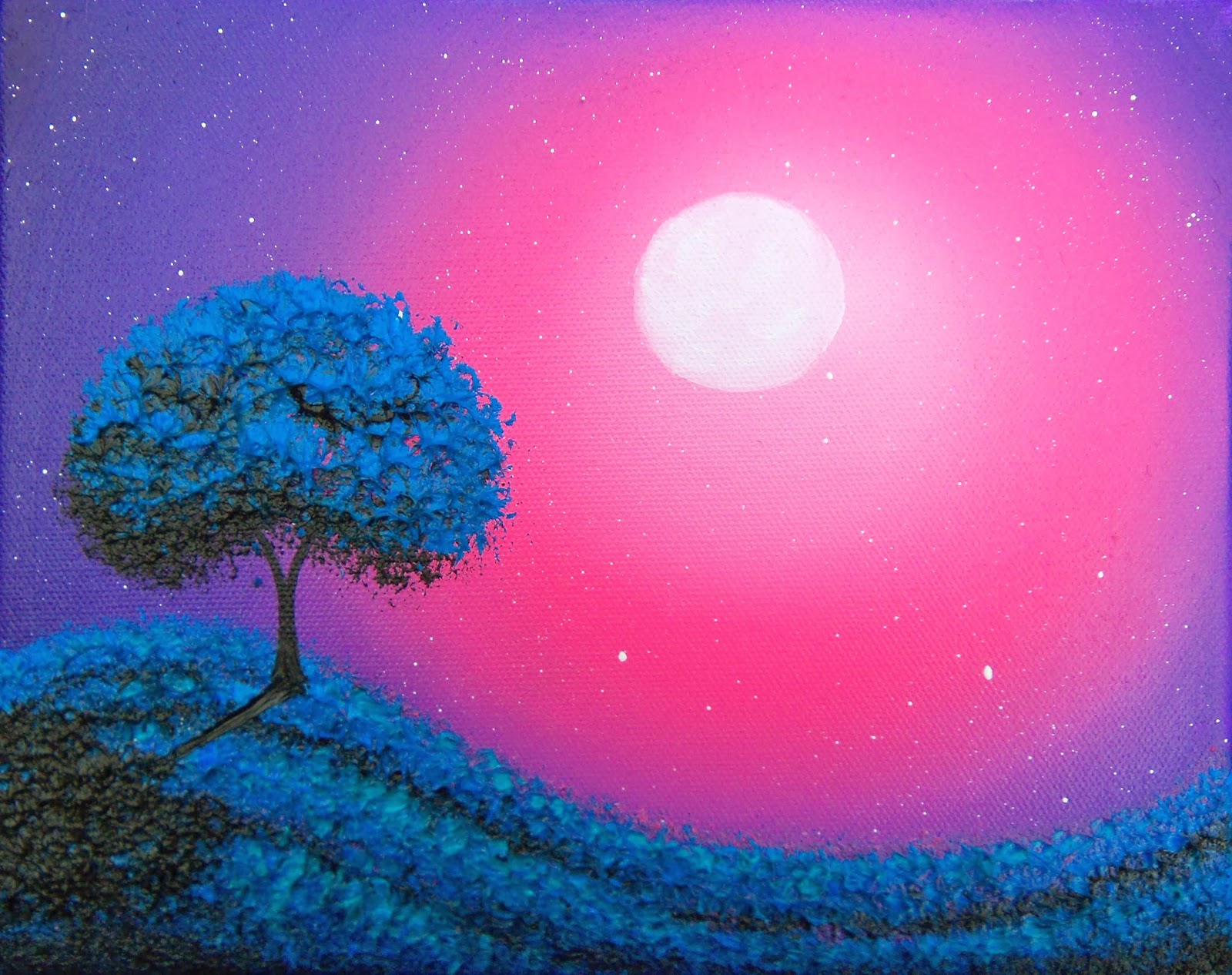 1600x1266 Blue Tree Nightscape Painting, Moonscape Contemporary Art, 8 X 10 - Nightscape Painting