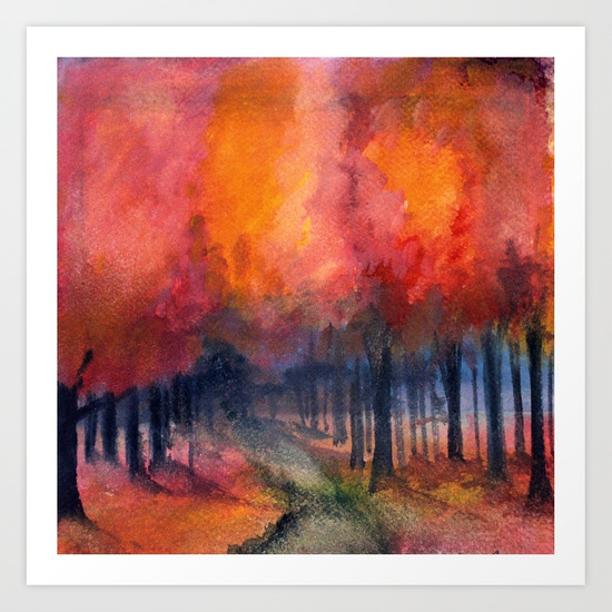 550x550 Nighttime Autumn Landscape Nature Art Art Print By Betweentheweeds - Nighttime Landscape Painting