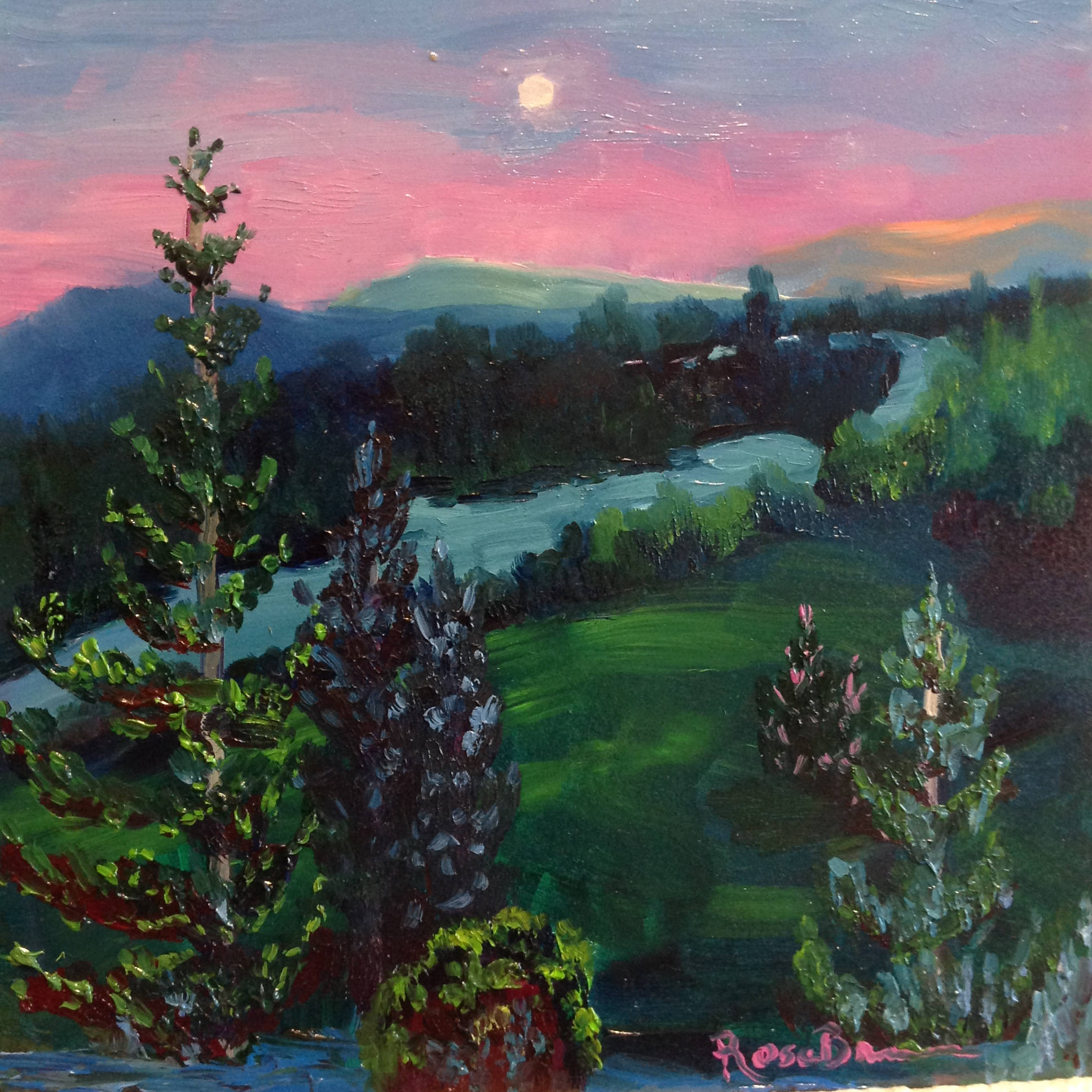 1936x1936 Small Oil Painting, Emerald Colors, Small Landscape Painting - Nighttime Landscape Painting