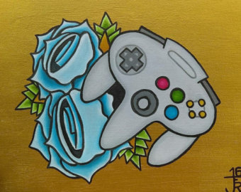 340x270 Nintendo 64 Tattoo Flash 5x7 Art Print Of Oil Painting By - Nintendo Painting