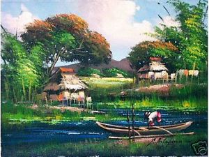 300x225 Nipa Hut Amp Fishing Boat Art Philippines Oil Painting Ebay - Nipa Hut Painting