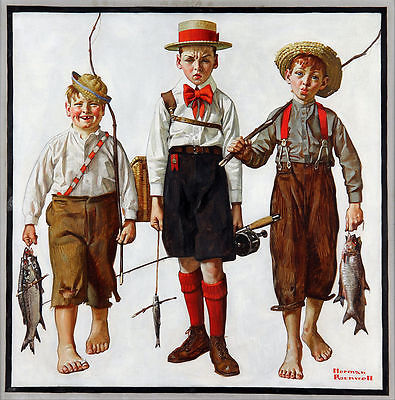 395x400 Three Fisherman Boys Norman Rockwell Fishing Painting Real Canvas - Norman Rockwell Sailor Painting