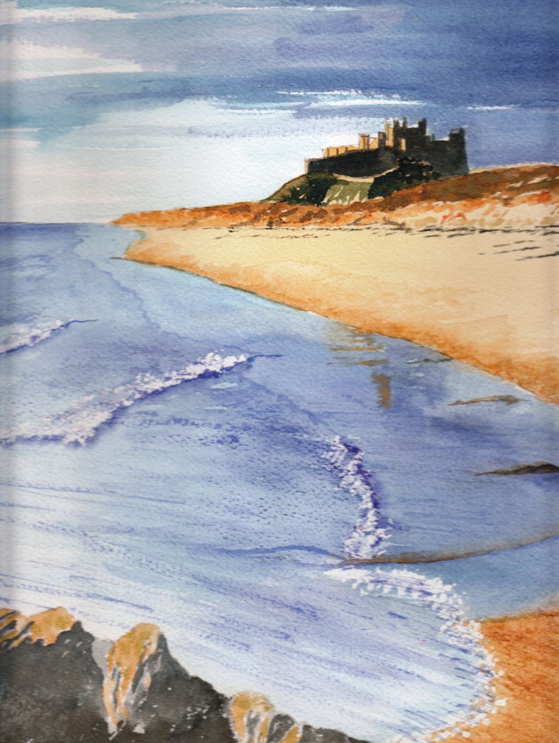 1095x1456 Bamburgh Castle Original Watercolor Painting, Coastal Home Decor - North Coast Painting
