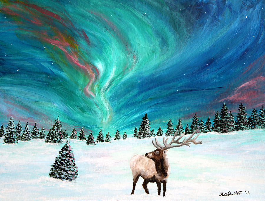 900x682 Elk Under The Northern Lights Painting By Amy Scholten - Northern Lights Acrylic Painting