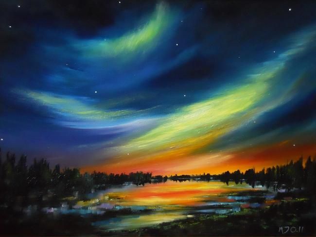 650x488 Sky Dancers Oil Painting Northern Lights By Matthew Ormston Art - Northern Lights Oil Painting
