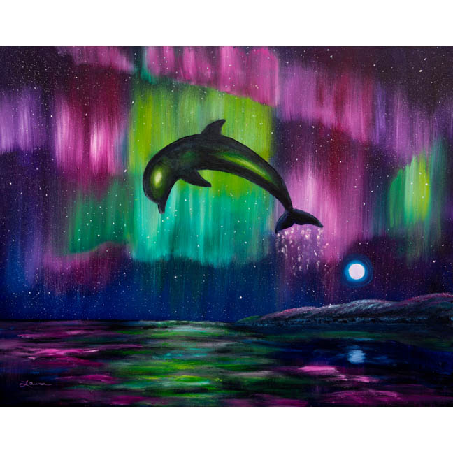 648x648 Dolphin Playing In Northern Lights Original Painting Zenbreeze - Northern Lights Painting