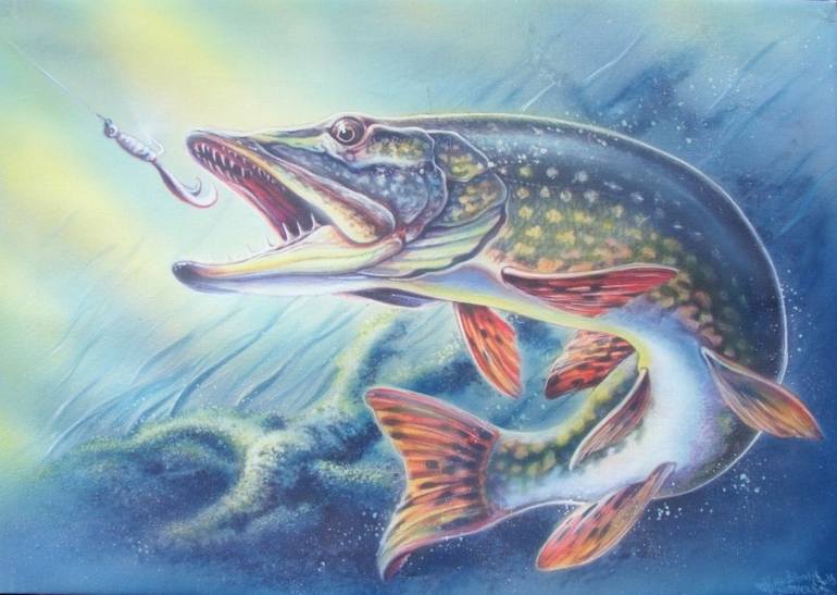 770x547 Saatchi Art Action Pike Painting By Rene Surda - Northern Pike Painting