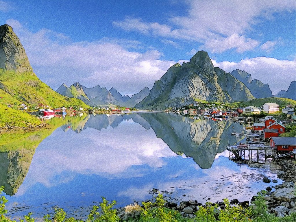 1024x768 Reine Lofoten Norway By T Douglas Painting - Norway Painting