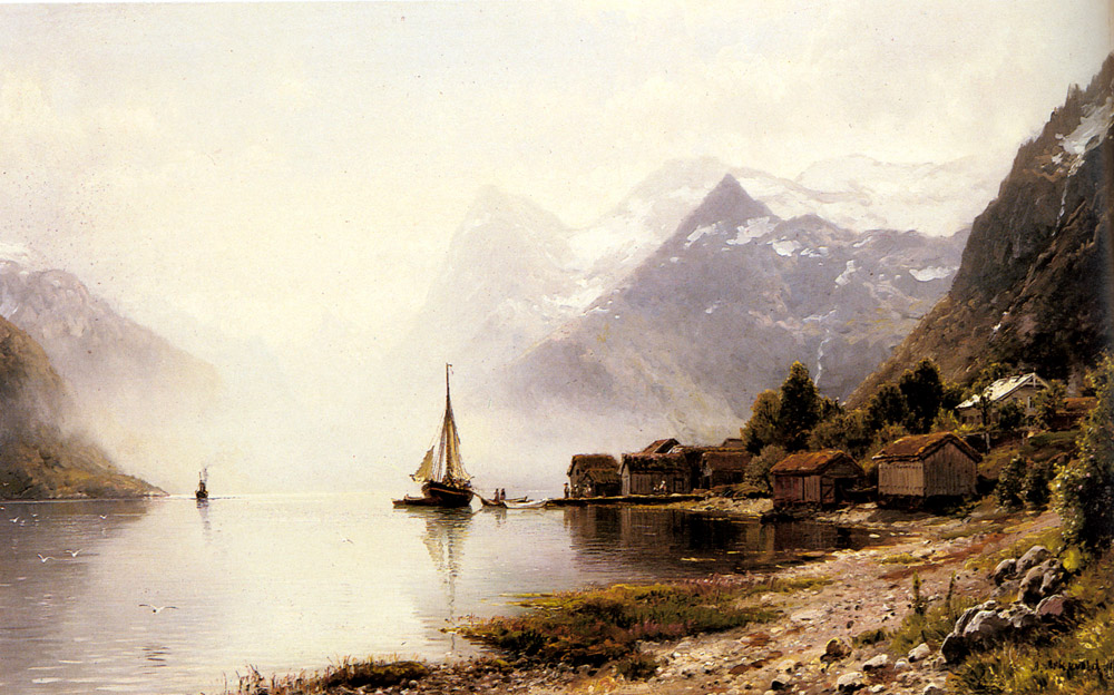 1000x624 Norwegian Fjord With Snow Capped Mountain Painting Anders Monsen - Norwegian Painting