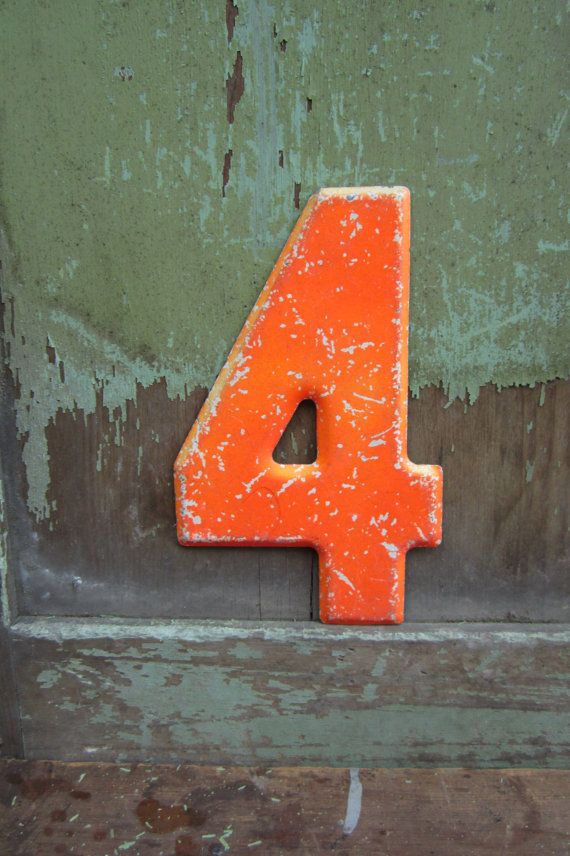 570x856 Vintage Metal Chippy Number 4 Four Orange Sign Painted Antique - Number 4 Painting