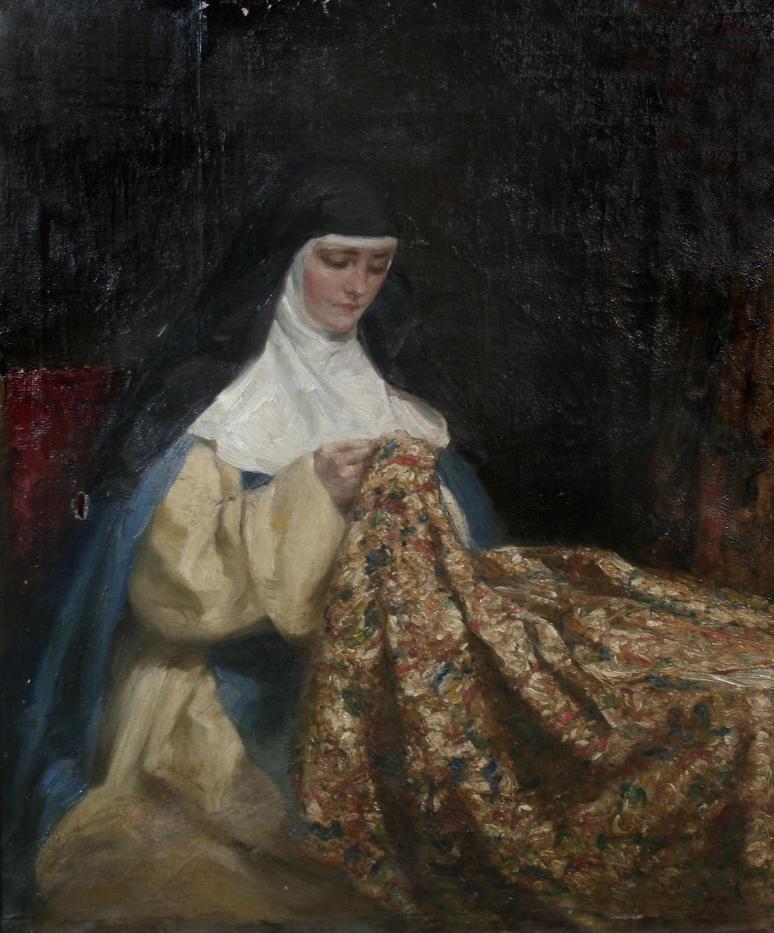 1112x1340 A Nun Embroidering Fabric Painting Talbot Hughes Oil Paintings - Nun Painting