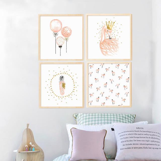 640x640 Pink Flamingo Girls Canvas Painting Watercolor Nordic Poster Print - Nursery Painting