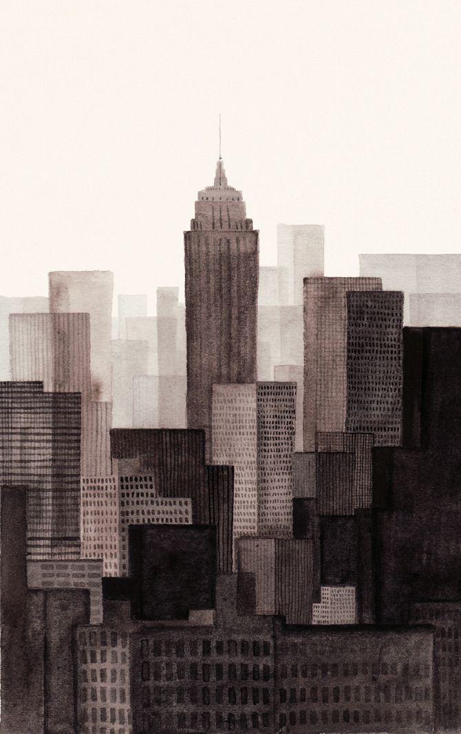 670x1067 Laurie Rollitt Blocky Watercolor, City - Nyc Skyline Painting