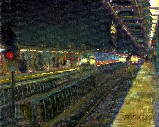 672x540 New York City Subway Station 8 X10 Oil On Canvas By Artist Hall - Nyc Subway Painting