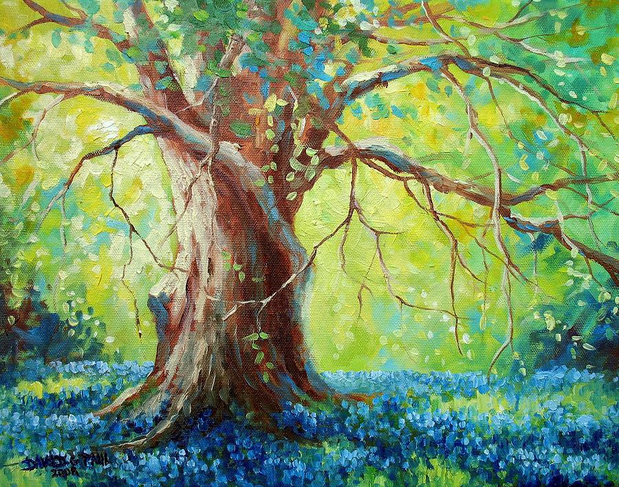 900x708 Bluebonnets Under The Oak Painting By David G Paul - Oak Tree Painting
