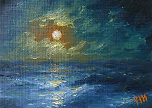 300x214 Original Aceo Oil Painting Seascape Fine Art Moonlit Night Ocean - Ocean At Night Painting