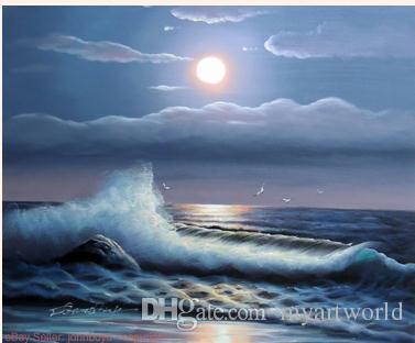 377x312 2018 Framed Night Moon Beach Ocean Surf Waves Rocks Seagullls Pure - Ocean At Night Painting