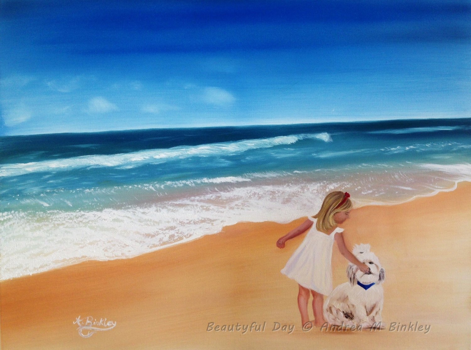 1500x1113 Ocean Beach Oil Painting, Girl And Dog - Ocean Beach Painting