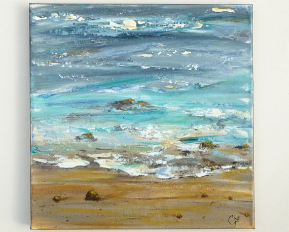 570x457 Ocean Painting, Textured Abstract Beach Modern Art, Square 12x12 - Ocean Beach Painting