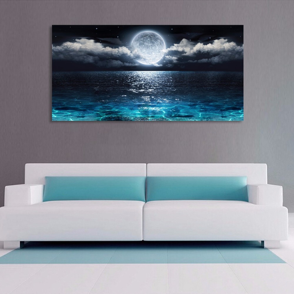 1000x1000 Wall Art Moon Ocean Landscape Painting Canvas Art Print Paintings - Ocean Landscape Painting