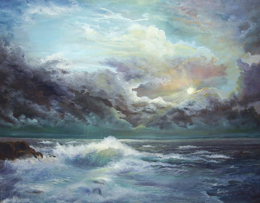 900x704 Moonlight At The Ocean Painting By Katalin Luczay - Ocean Painting