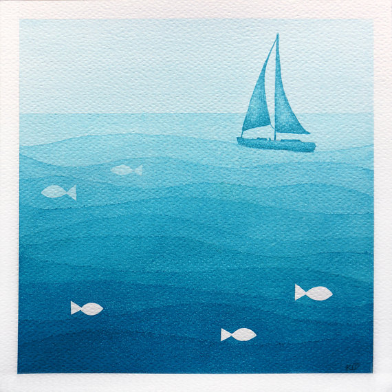 570x570 Sailboat Art Print Giclee Watercolor Painting Kids Sea Blue - Ocean Painting For Kids