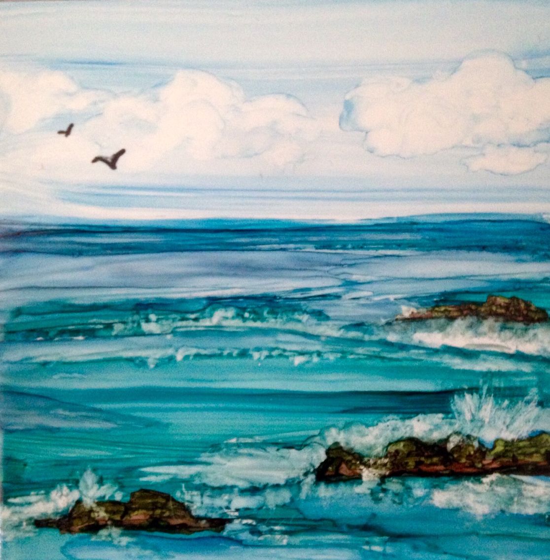 1116x1136 Alcohol Ink Ocean Scene On Tile By L Crocco Inks - Ocean Scene Painting