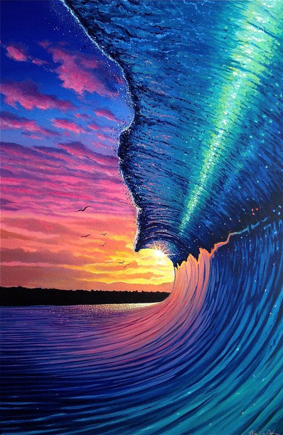 570x877 Original Wave Surf Ocean Sunset Oil Painting By Wesvandykeart - Ocean Sunset Oil Painting