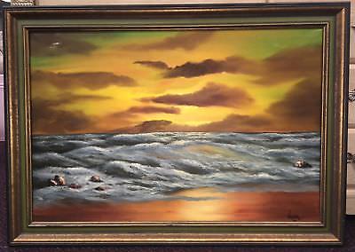 400x284 Vintage Large Framed Seascape Ocean Sunset Oil Painting Listed - Ocean Sunset Oil Painting
