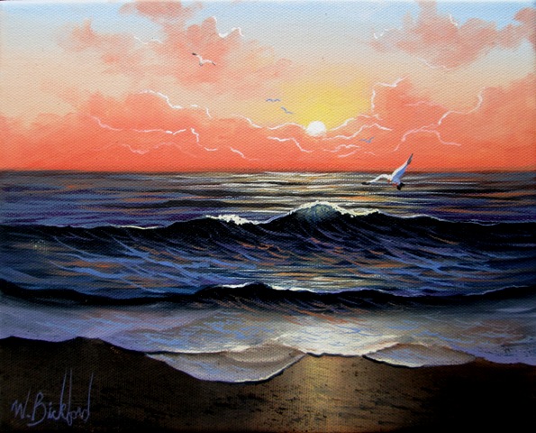 595x480 Ocean Sunset On 8 X 10 Wrapped Canvas - Ocean Sunset Oil Painting