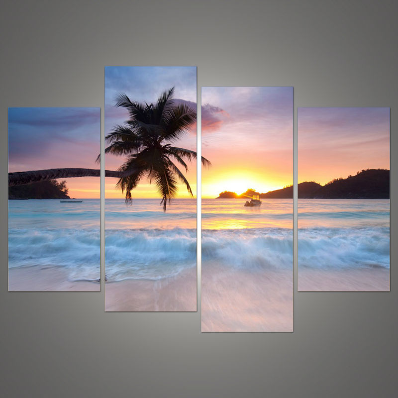 800x800 4 Panels Ocean Sunset Coconut Tree Blue Sea Waves Canvas Print - Ocean Sunset Painting