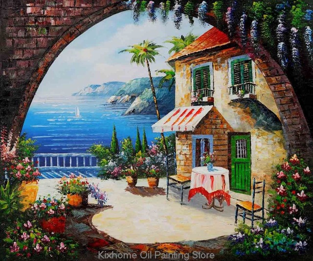 640x533 Mediterranean Scenes Cafe At Oceanside Oil Paintings On Canvas - Oceanside Painting