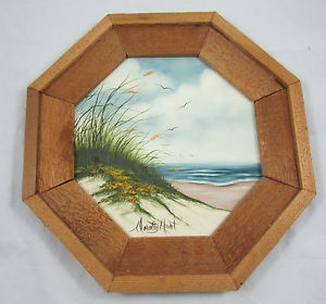 300x280 Original Octagon Framed Oil Painting Beachfront Ocean Scene Signed - Octagon Painting