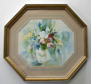 300x278 Vintage 1980s Debbie Hearle Watercolor Floral Print Floral Bouquet - Octagon Painting
