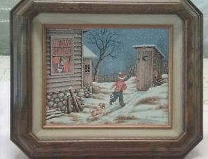 300x229 C. Carson Framed Oil Painting Winter Scene Child Outhouse. Octagon - Octagon Painting