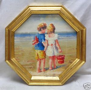 300x297 Canvas Oil Painting Kids Holding Hands W. Gold Octagon Antique - Octagon Painting