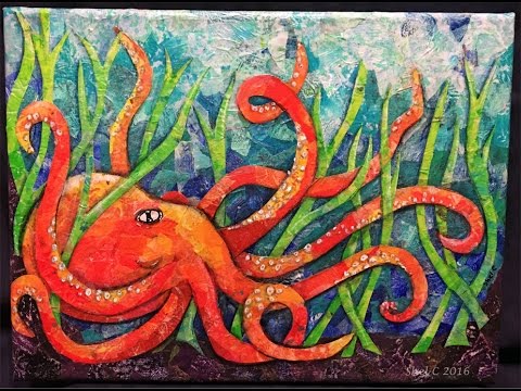 480x360 Mixed Media Paper Painting Collage Canvas - Octopus Acrylic Painting