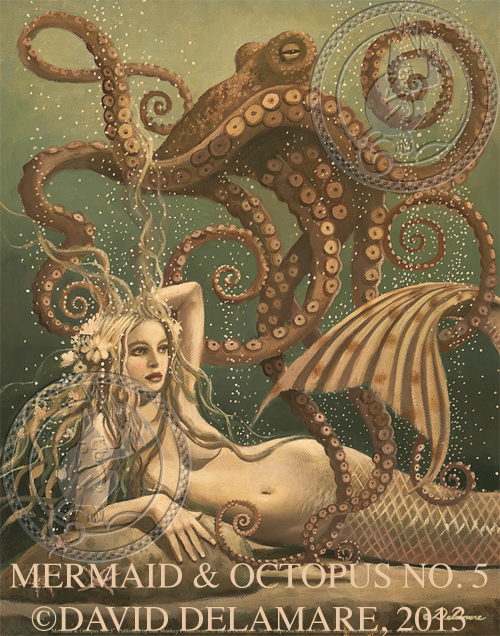 500x636 Mermaid Amp Octopus No. 5 Mermaid Painting By David Delamare - Octopus And Woman Painting